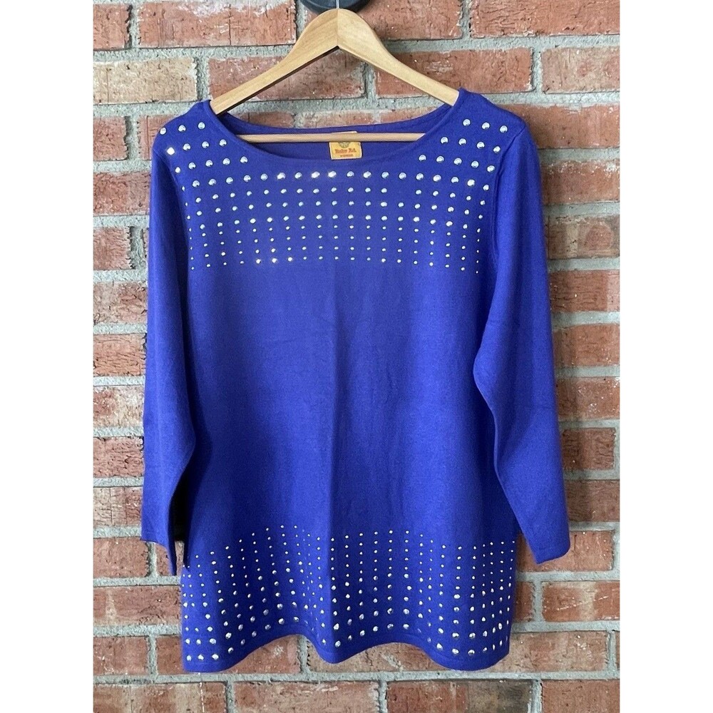 Women’s Plus Size 1X Purple Studded Knit Sweater Top Boatneck 3/4 Sleeve Classic